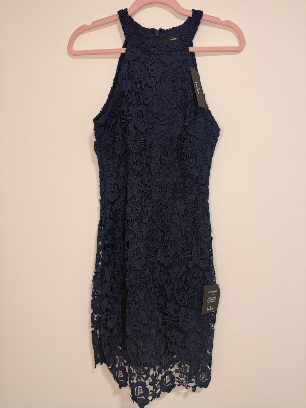 Lulu's Navy Floral Crochet High-Neck Midi Dress